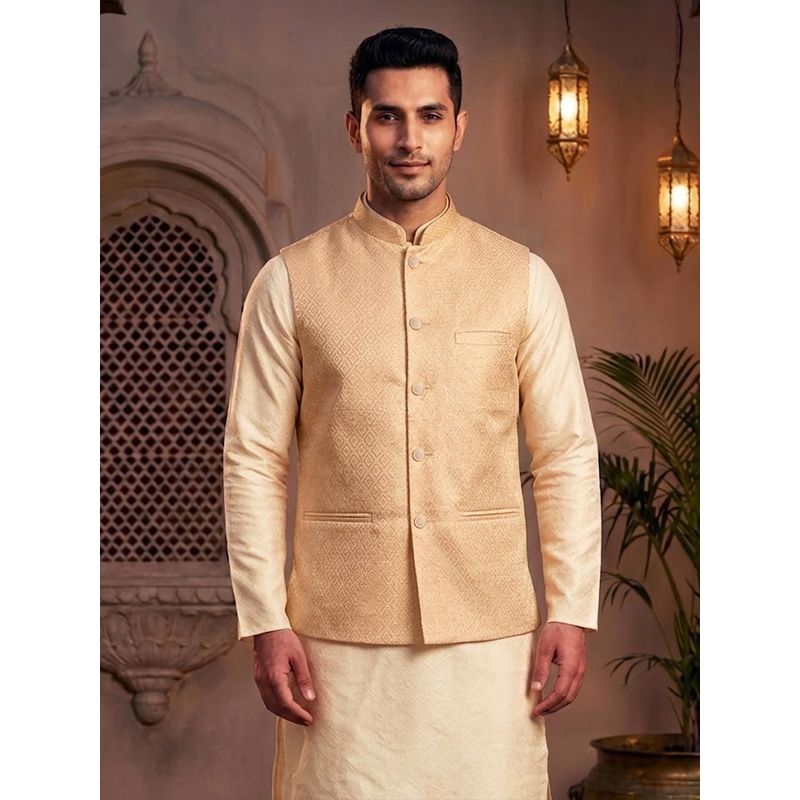 Treemoda Beige Brocade Nehru Jacket with Golden Zari Work (S)
