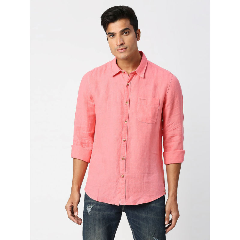 Pepe Jeans Kingsman Full Sleeves Pink Pure Linen Casual Shirt (2XL)