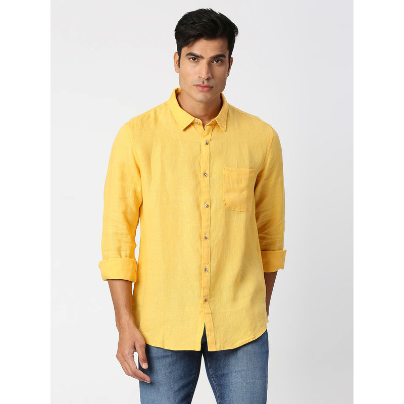 Pepe Jeans Kingsman Full Sleeves Yellow Pure Linen Casual Shirt (L)