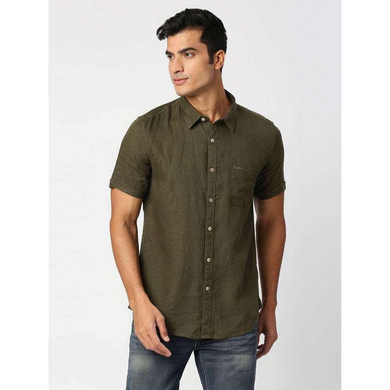 Pepe Jeans Kingsman Half Sleeves Olive Pure Linen Casual Shirt (S)