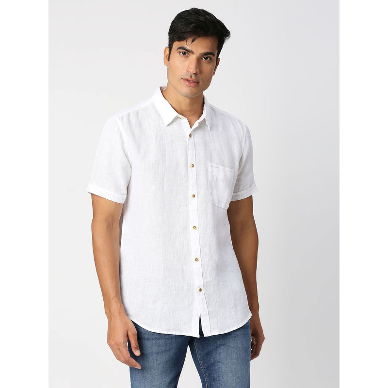 Pepe Jeans Kingsman Half Sleeves White Pure Linen Casual Shirt (S)