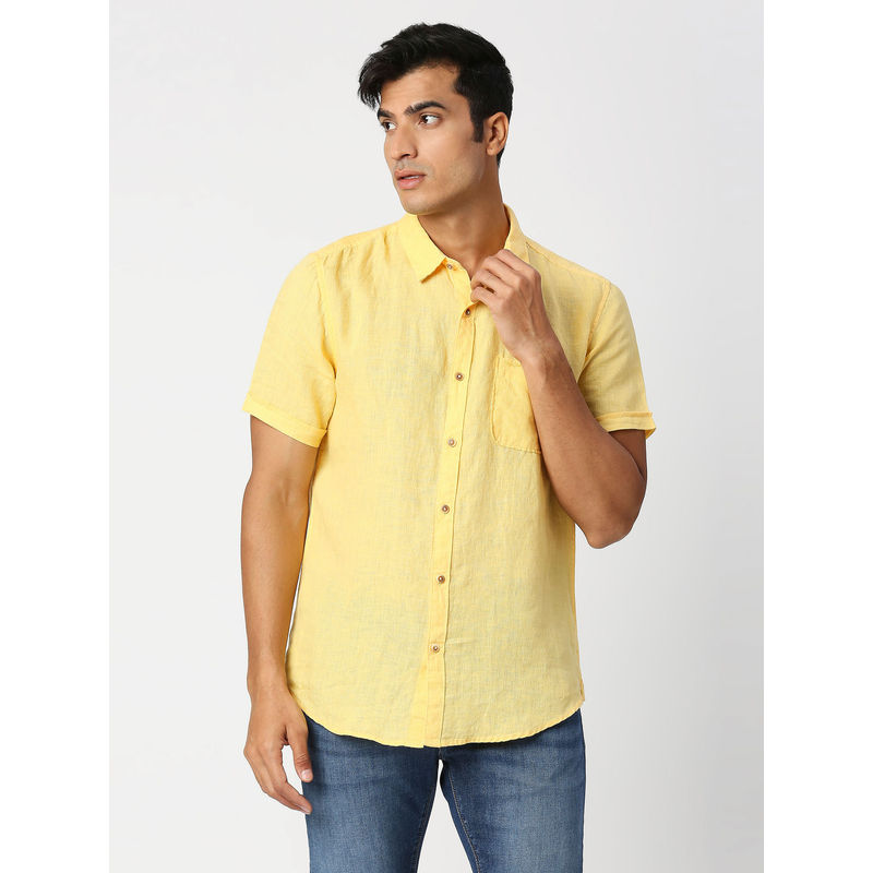 Pepe Jeans Kingsman Half Sleeves Yellow Pure Linen Casual Shirt (S)