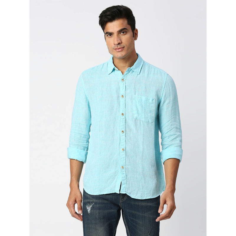 Pepe Jeans Mac Full Sleeves Blue Pure Linen Chambray Casual Shirt (XL)