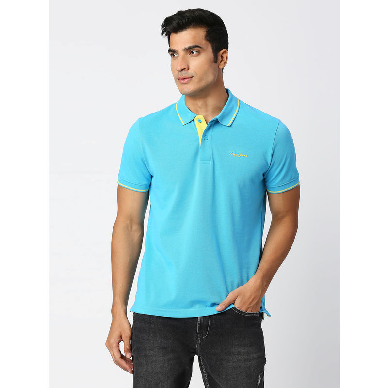 Pepe Jeans Maxton Blue Solid Polo T-Shirt (S)
