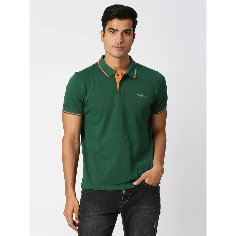 Pepe Jeans Maxton Green Solid Polo T-Shirt (S)