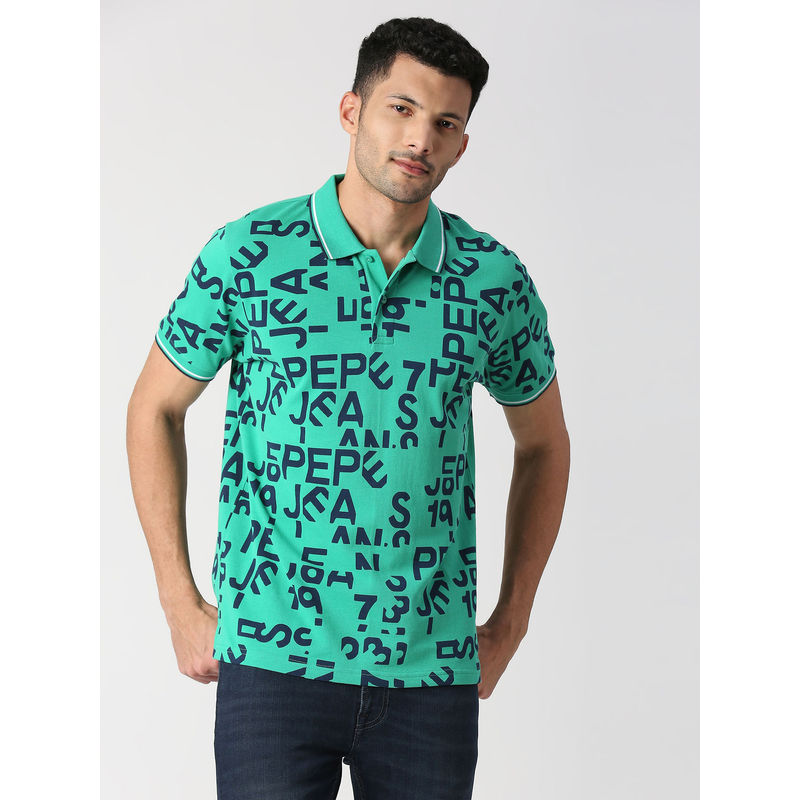 Pepe Jeans Russo Typographic Green Printed Polo T-Shirt (S)