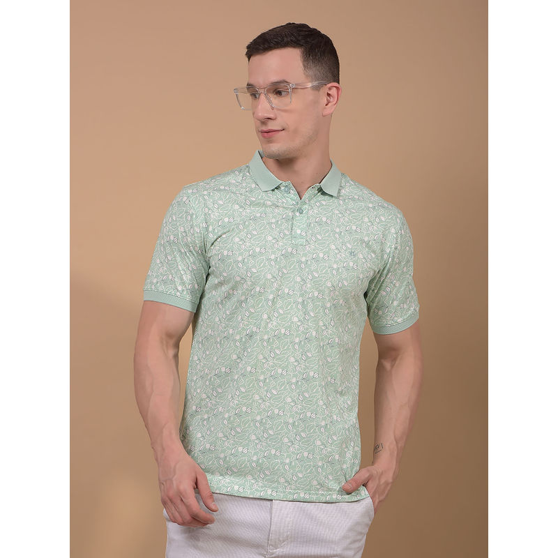 CRIMSOUNE CLUB Men Green Floral Print Polo Neck T-Shirt (S)