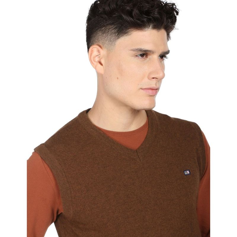 Arrow Sports Men Brown V-Neck Sleeveless Heathered Sweater (M)