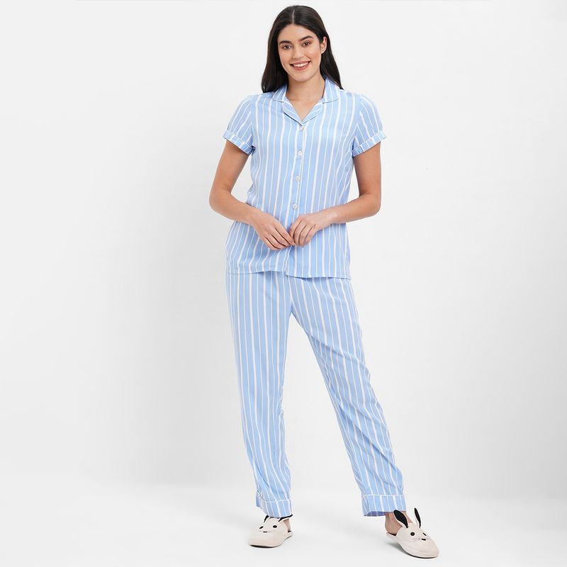Buy Sweet Dreams Women Cotton Striped Shirt Pyjama Blue Set