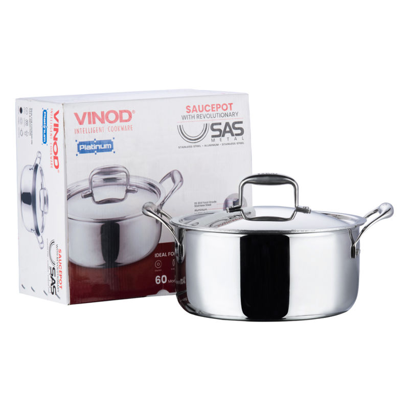 Vinod Triply Steel 24cm Platinum Saucepot With Lid