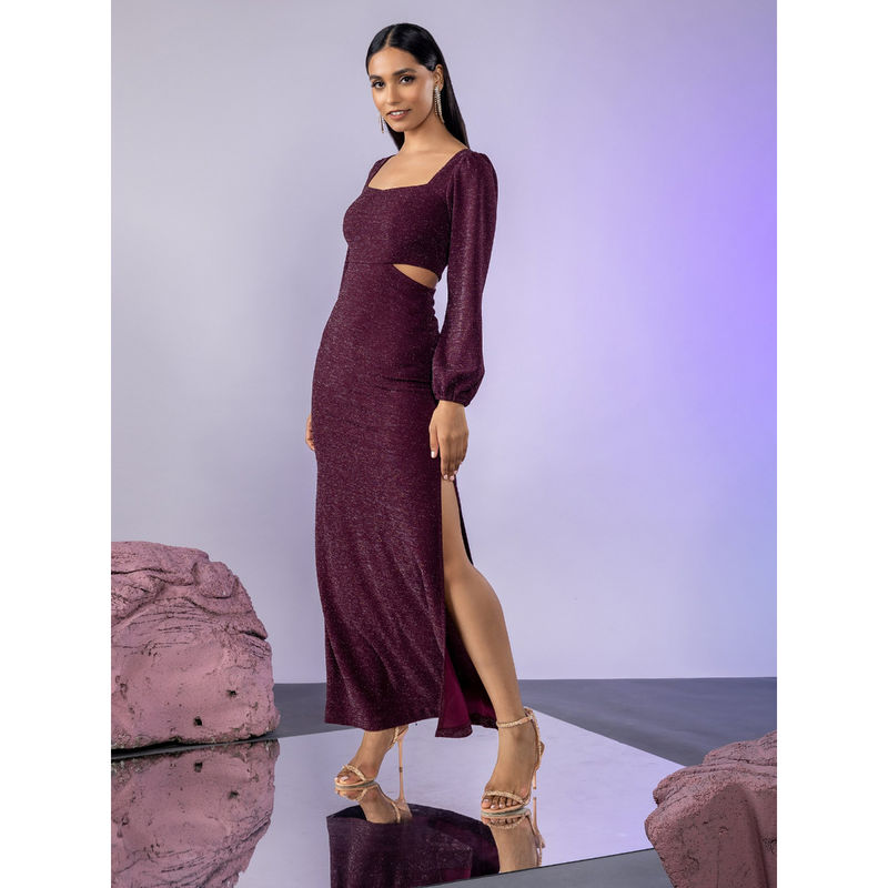 Twenty Dresses by Nykaa Fashion Wine Shimmer Side Cutout Sheath Maxi Dress (XS)