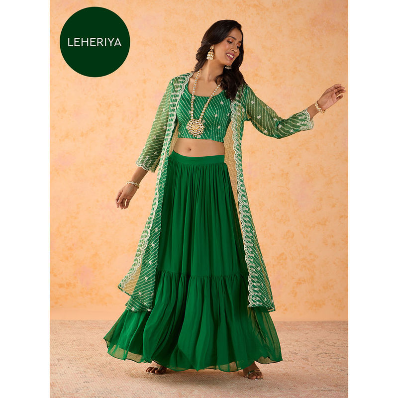Gajra Gang A Pickled Jar Green Leheria Embroidered Cape and Skirt (Set of 3) GGPJLEH03 (XS)