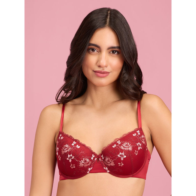 Nykd by Nykaa Embroidered Floral Lace Demi Bra-NYB294-Maroon (36C)