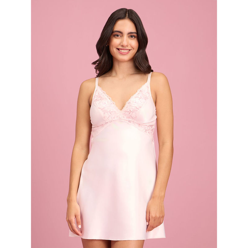 Nykd by Nykaa Embroidered Lace and Satin babydoll with Panty-NYS138 -Pink (Set of 2) (S)