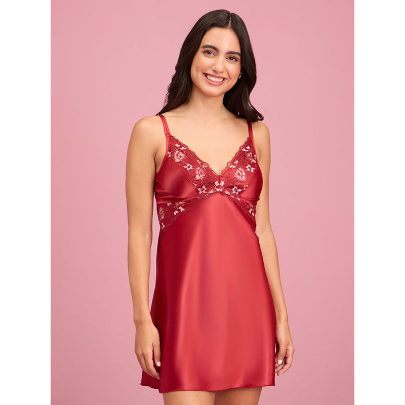 Nykd by Nykaa Embroidered Lace and Satin Babydoll with Panty- NYS138-Maroon (Set of 2) (S)