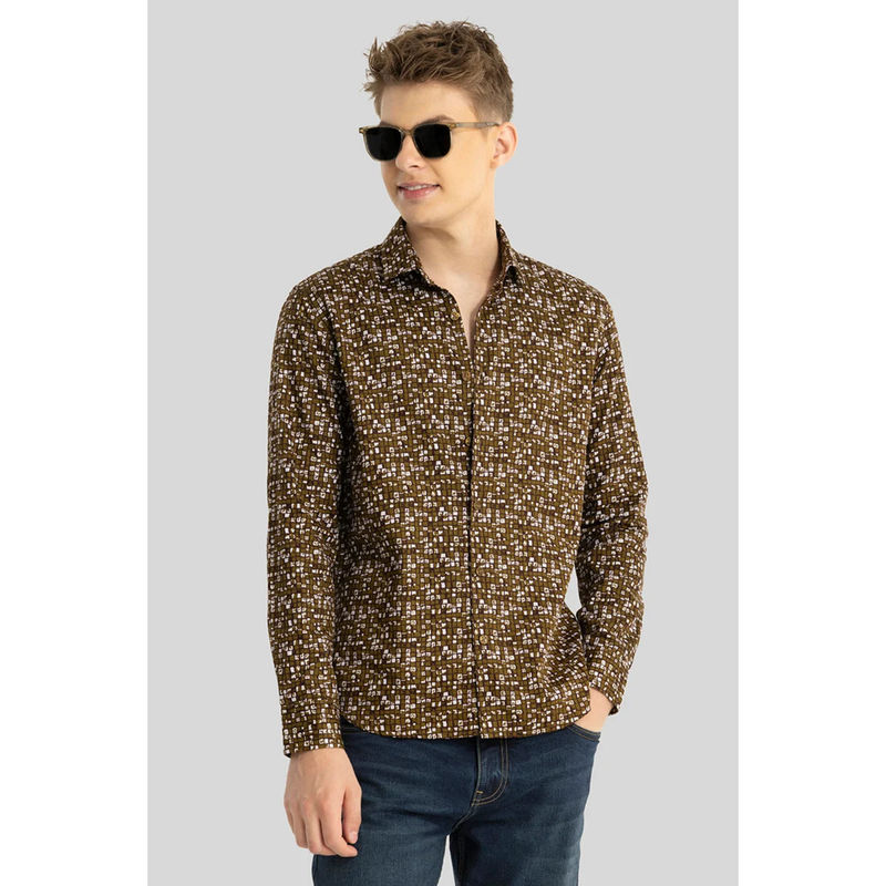 Snitch Mustard Printed Slim Fit Shirt (L)
