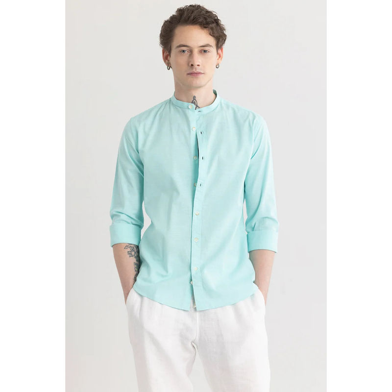 Snitch Mandarique Aqua Blue Linen Blend Shirt (2XL)