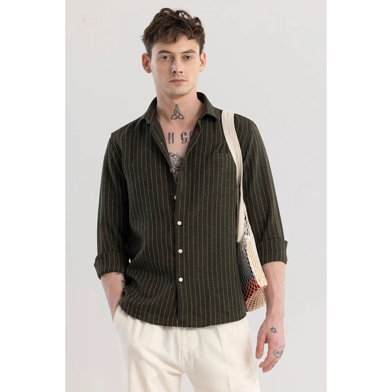Snitch Linen Line Olive Stripes Shirt (S)