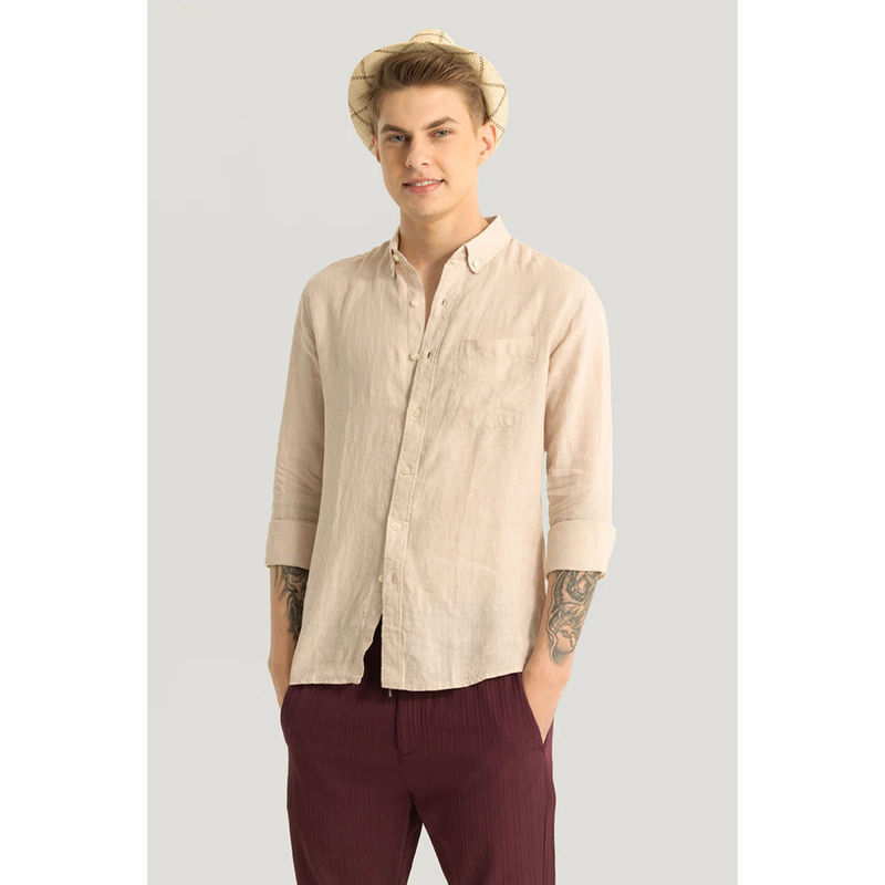 Snitch Elementary Beige Plain Pure Linen Shirt (2XL)
