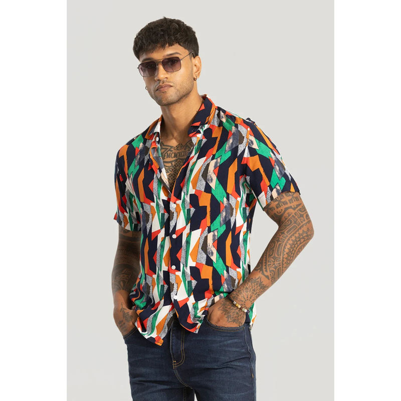 Snitch Multi-Color Slim Fit Abstract Shirt (M)
