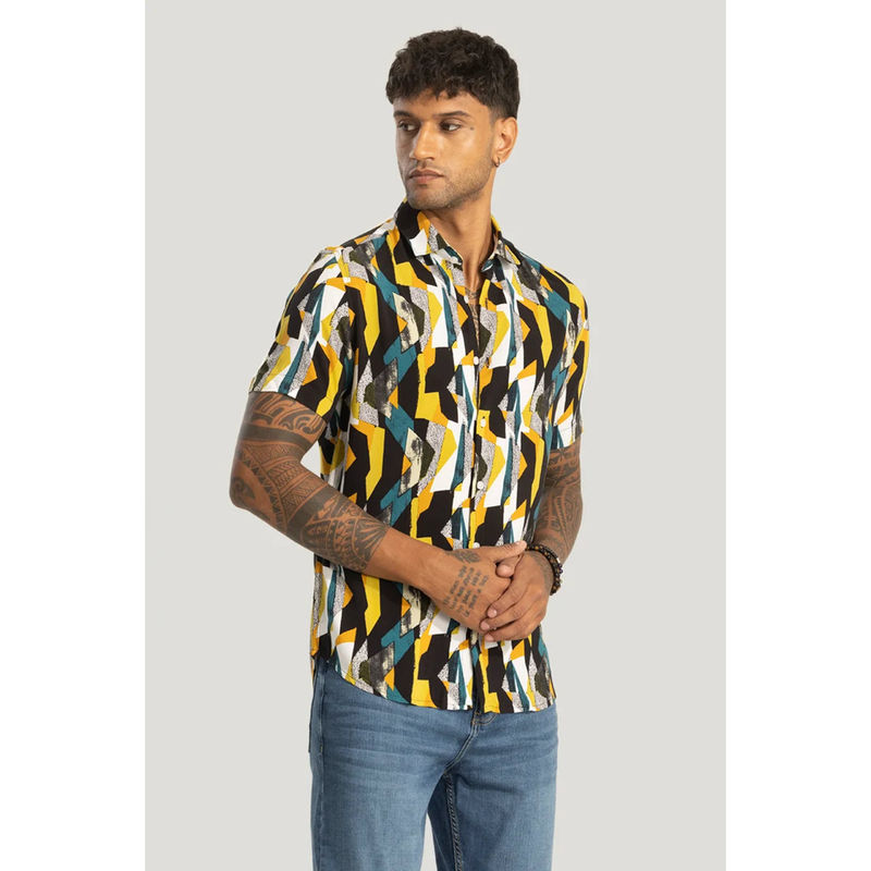 Snitch Multi-Color Slim Fit Abstract Shirt (S)