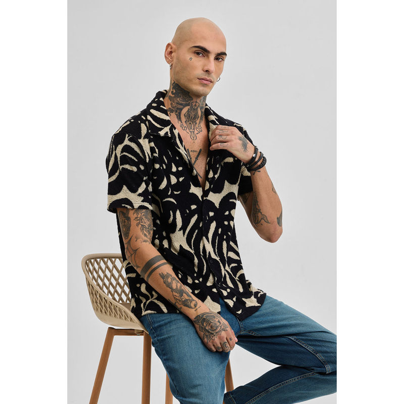 Snitch Black Self Design Boxy Fit Shirt (L)