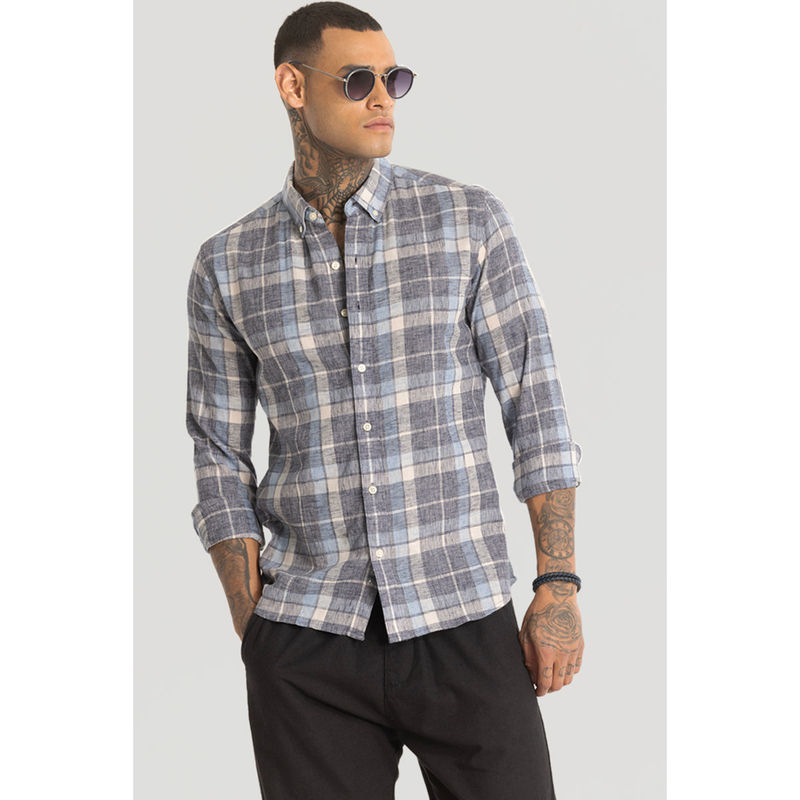 Snitch Stone Grey & Blue Checks Linen Blend Shirt (M)