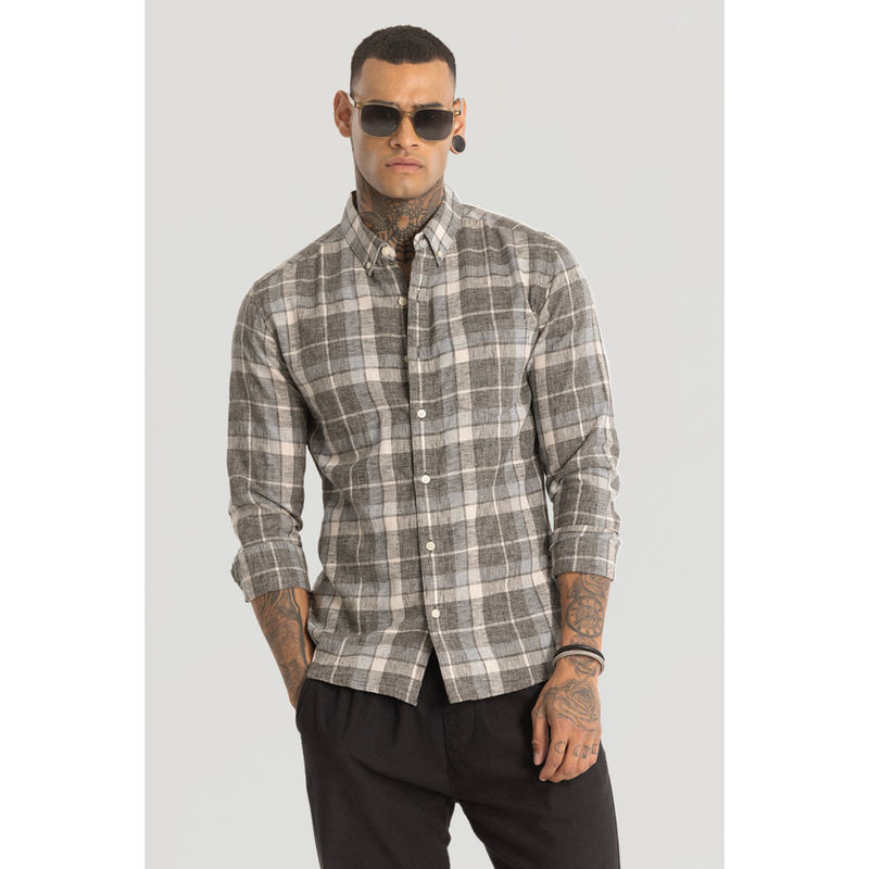 Snitch Grey Checks Linen Blend Shirt (XL)