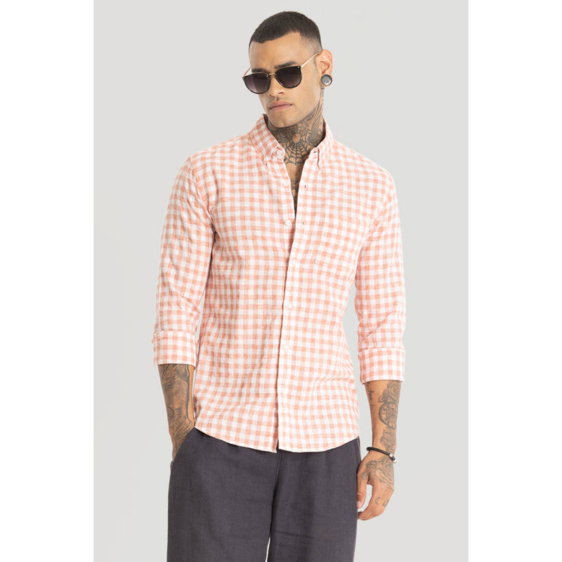 Snitch Peach Checks Linen Blend Shirt (XL)