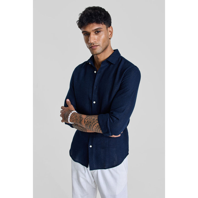 Snitch Navy Blue Knitted Slim Fit Shirt (2XL)
