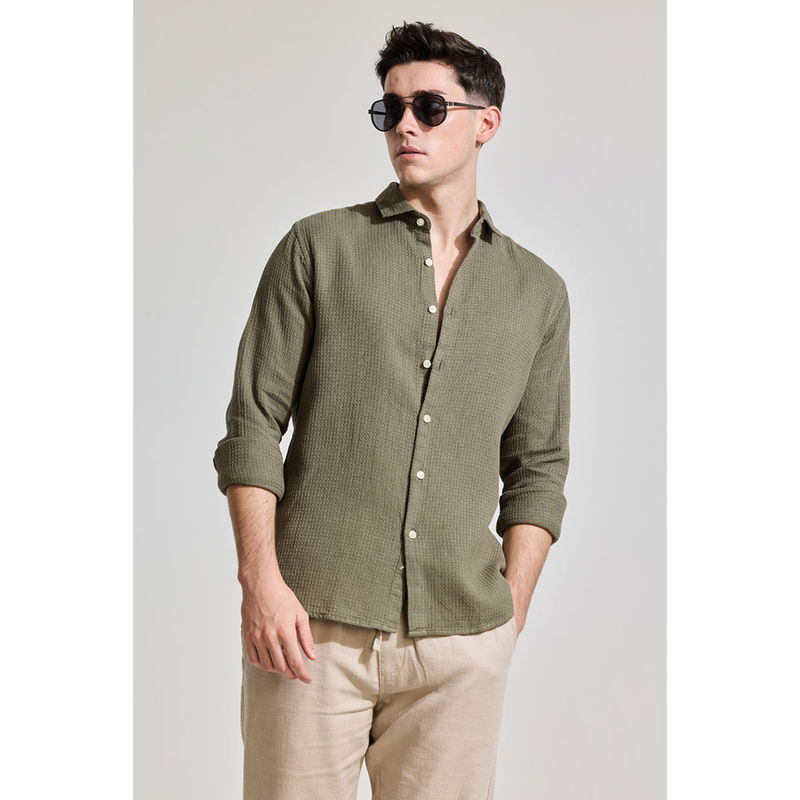 Snitch Olive Slim Fit Textured Shirt (XL)