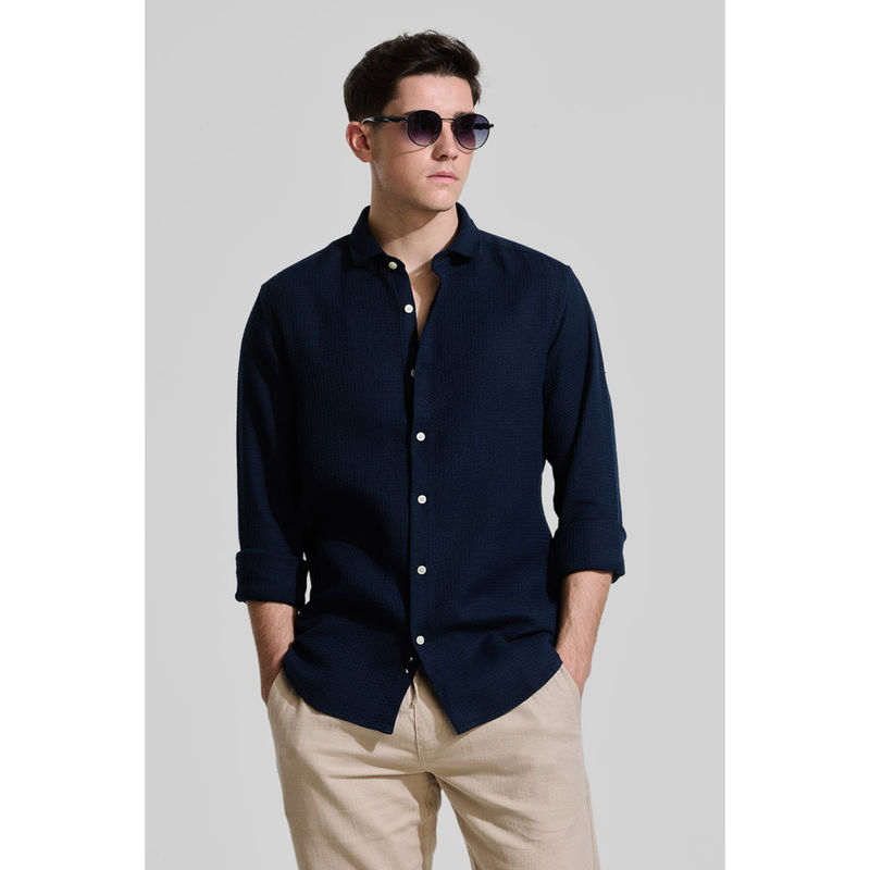 Snitch Navy Blue Slim Fit Textured Shirt (2XL)