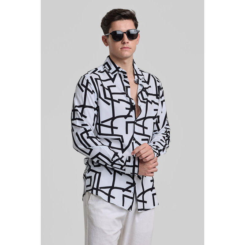 Snitch White Geometric Slim Fit Shirt (S)