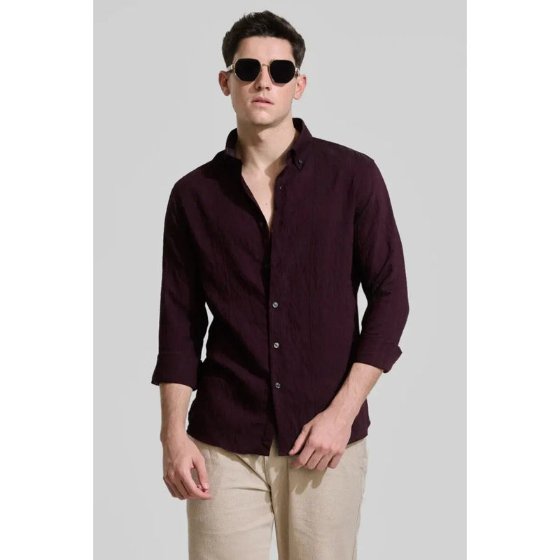 Snitch Burgundy Textured Slim Fit Shirt (XL)
