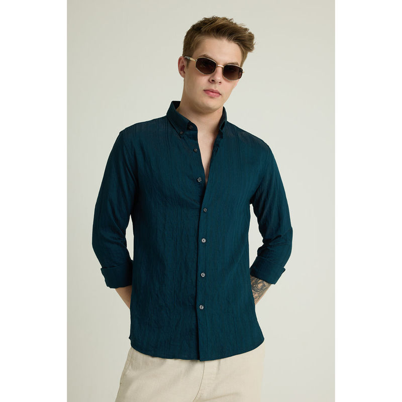 Snitch Teal Textured Slim Fit Shirt (L)