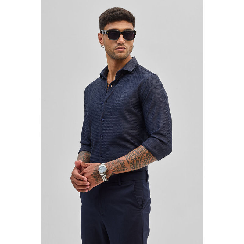 Snitch Dark Navy Blue Self Design Shirt (XS)