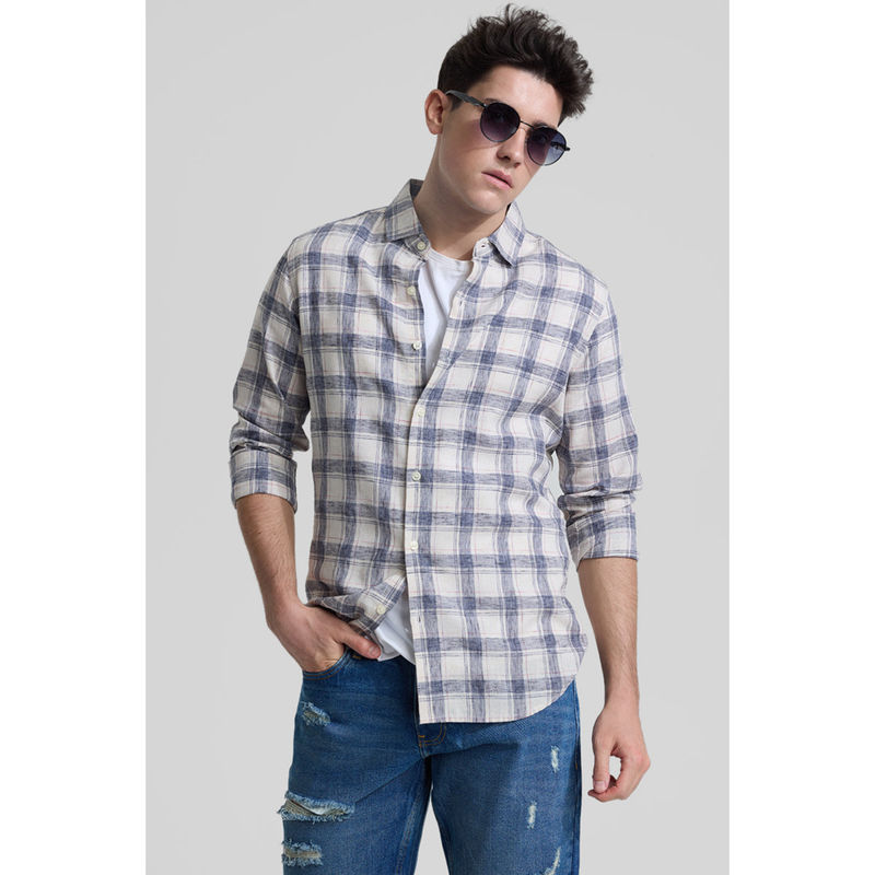 Snitch Off White & Dark Grey Checks Linen Blend Shirt (L)