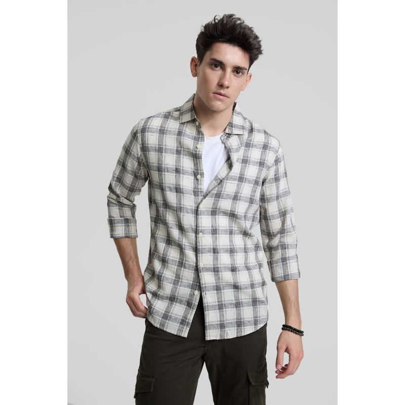 Snitch Off White & Blue Checks Linen Blend Shirt (XS)
