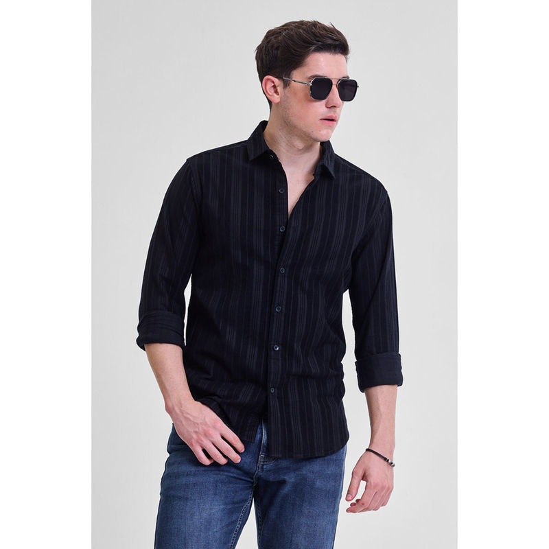 Snitch Black Corduroy Slim Fit Shirt (M)