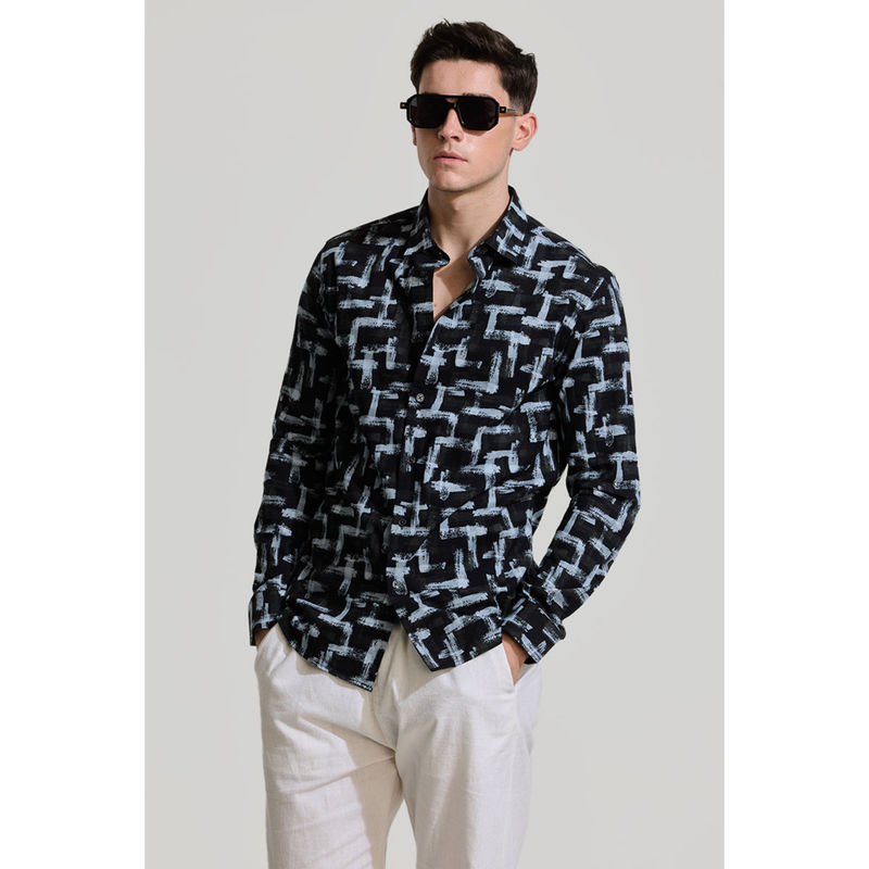 Snitch Black Printed Slim Fit Shirt (L)