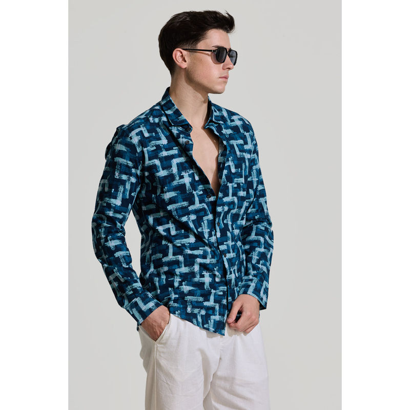 Snitch Teal Blue Printed Slim Fit Shirt (L)