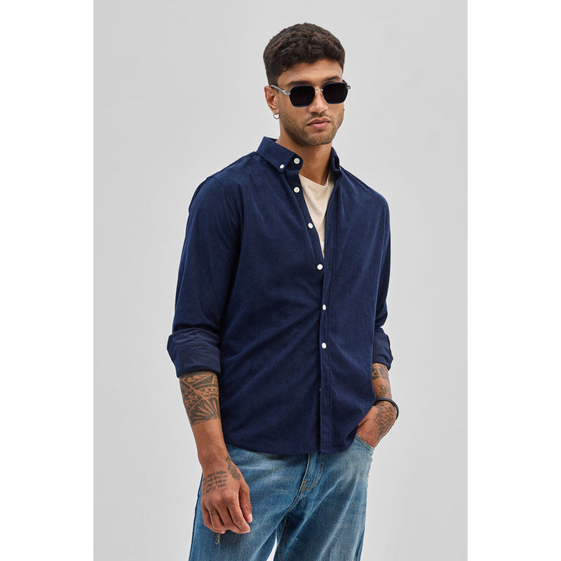 Snitch Dark Navy Blue Slim Fit Corduroy Shirt (2XL)