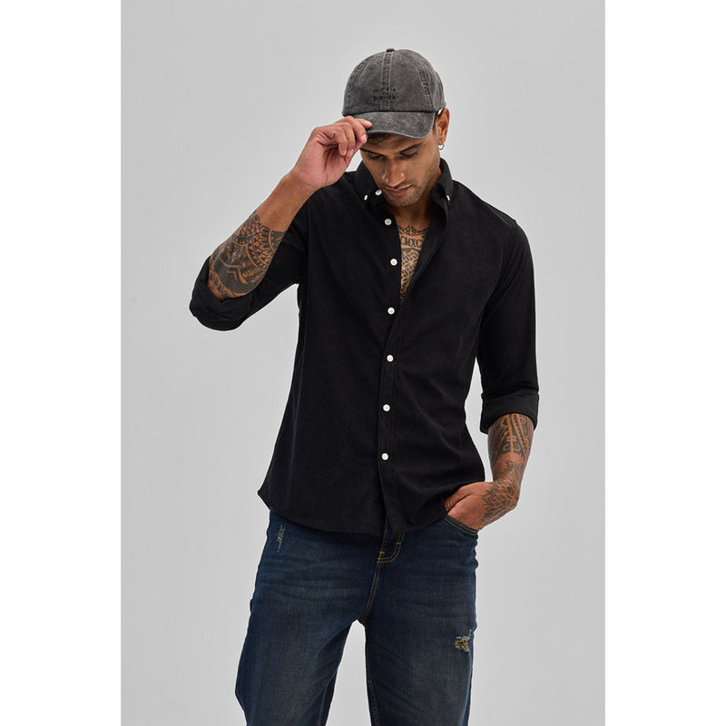 Snitch Black Slim Fit Corduroy Shirt (2XL)