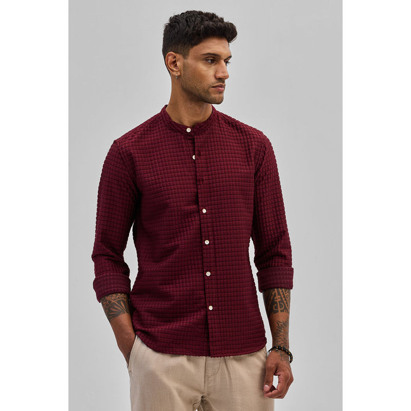 Snitch Magenta Self Design Mandarin Shirt (XS)