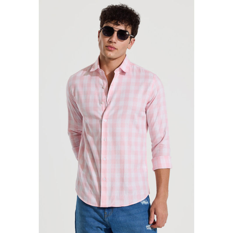 Snitch Light Pink Gingham Slim Fit Shirt (XL)