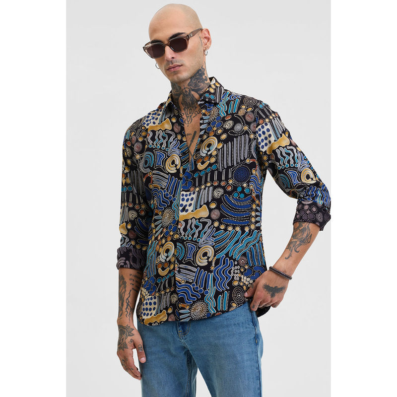 Snitch Blue Abstract Slim Fit Shirt (XS)