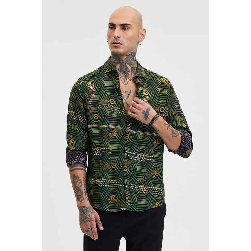 Snitch Green Geometric Slim Fit Shirt (XS)