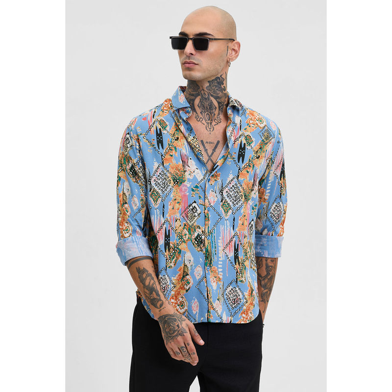 Snitch Blue Abstract Slim Fit Shirt (L)
