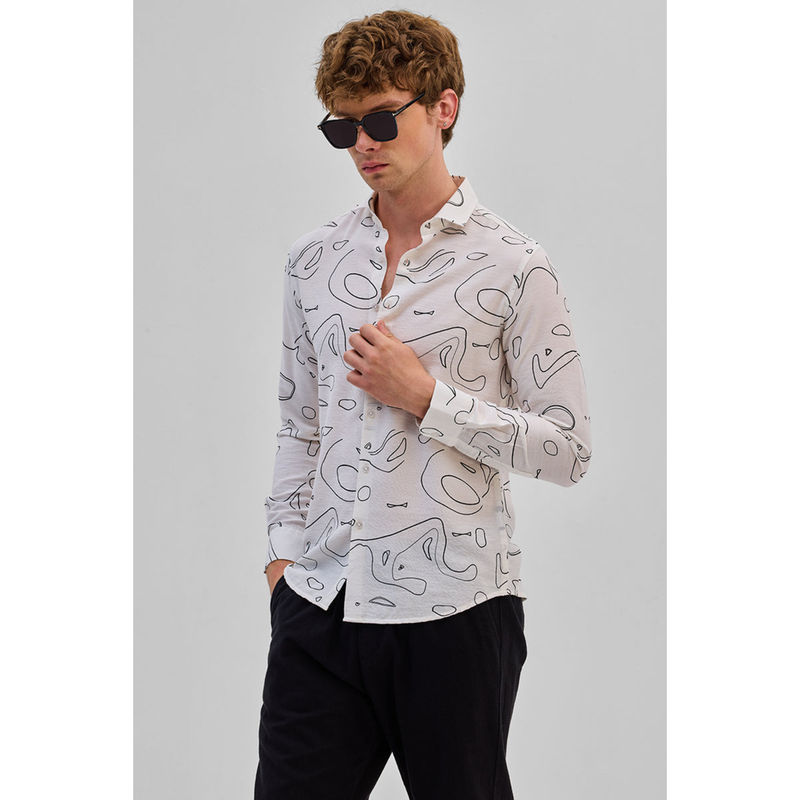 Snitch Cream Abstract Slim Fit Shirt (2XL)
