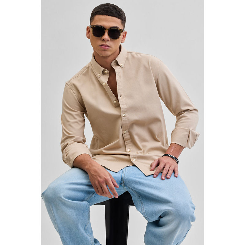 Snitch Beige Solid Oxford Shirt (M)
